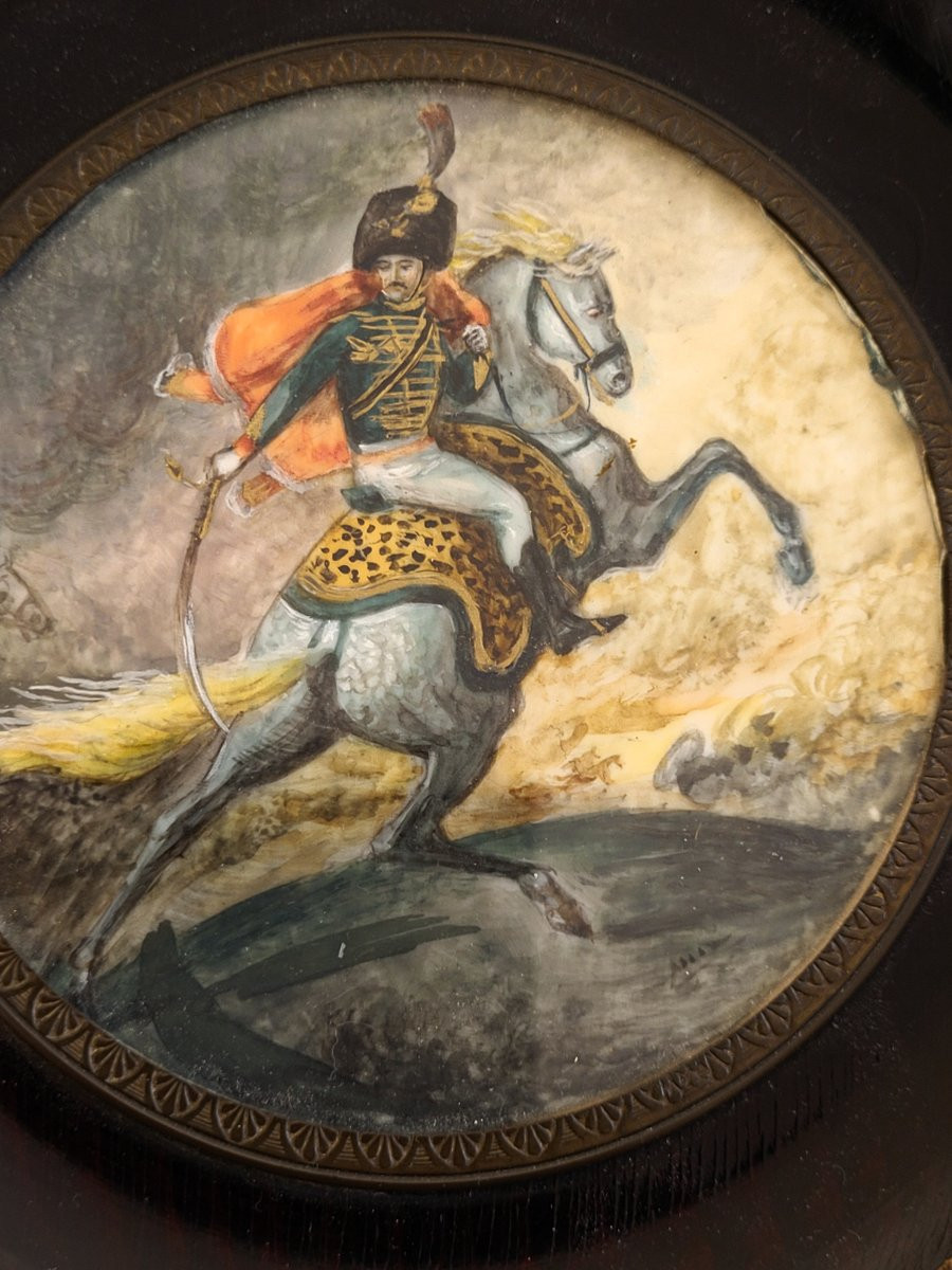 After Théodore Géricault (1791-1824) - Horse-mounted Hunter Officer Painted Empire Miniature-photo-2
