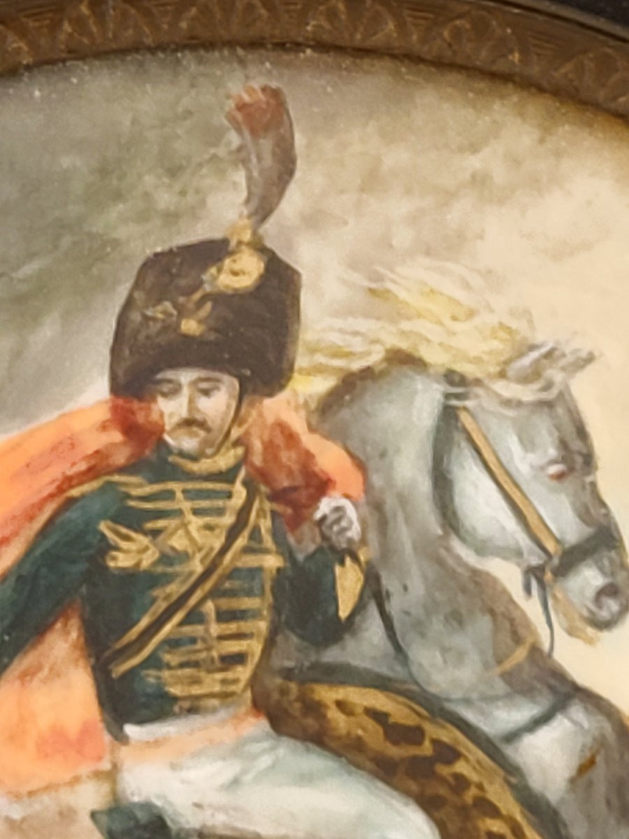 After Théodore Géricault (1791-1824) - Horse-mounted Hunter Officer Painted Empire Miniature-photo-3