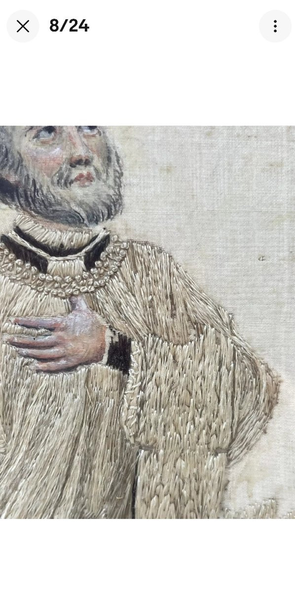Broderie religieuse à l'aiguille et aquarelle sur soie chenillée-XVIIIe Siècle -photo-2