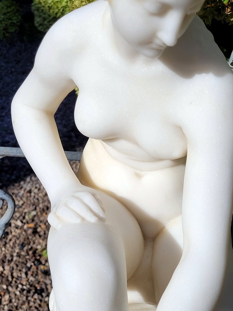 Large Carrara Marble Sculpture "the Seated Bather" By Falconnet And Barbedienne Signed.-photo-4