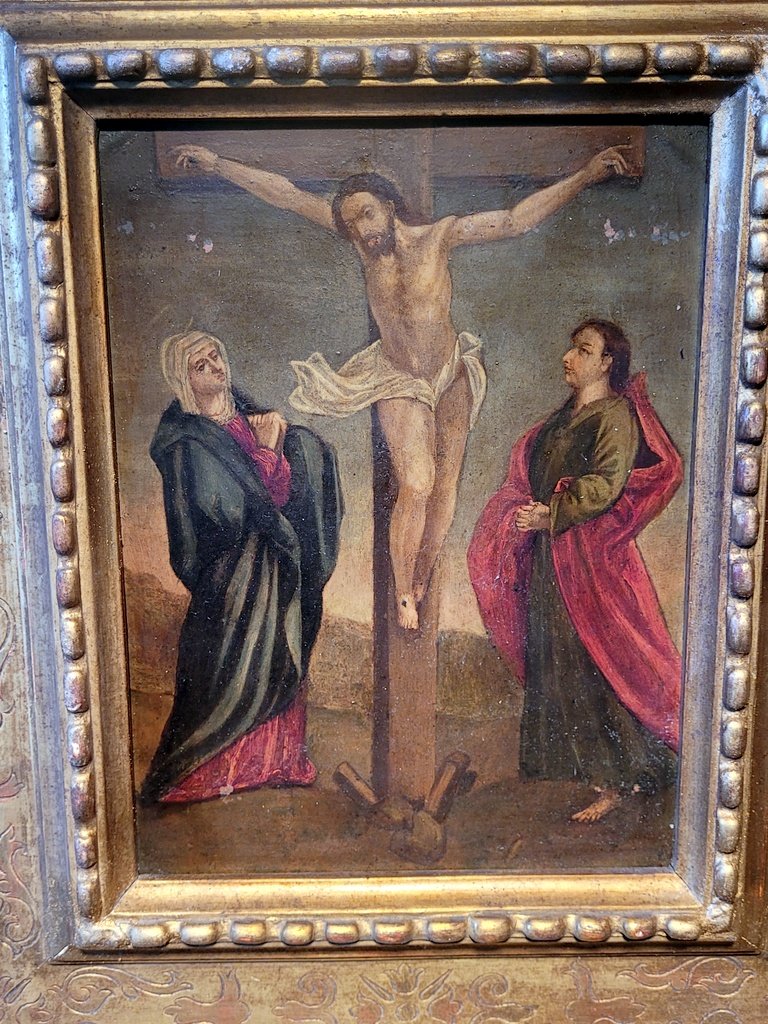 " La Crucifixion du Christ " Huile sur Cuivre encadrée datant du XVIIe Siècle -photo-3