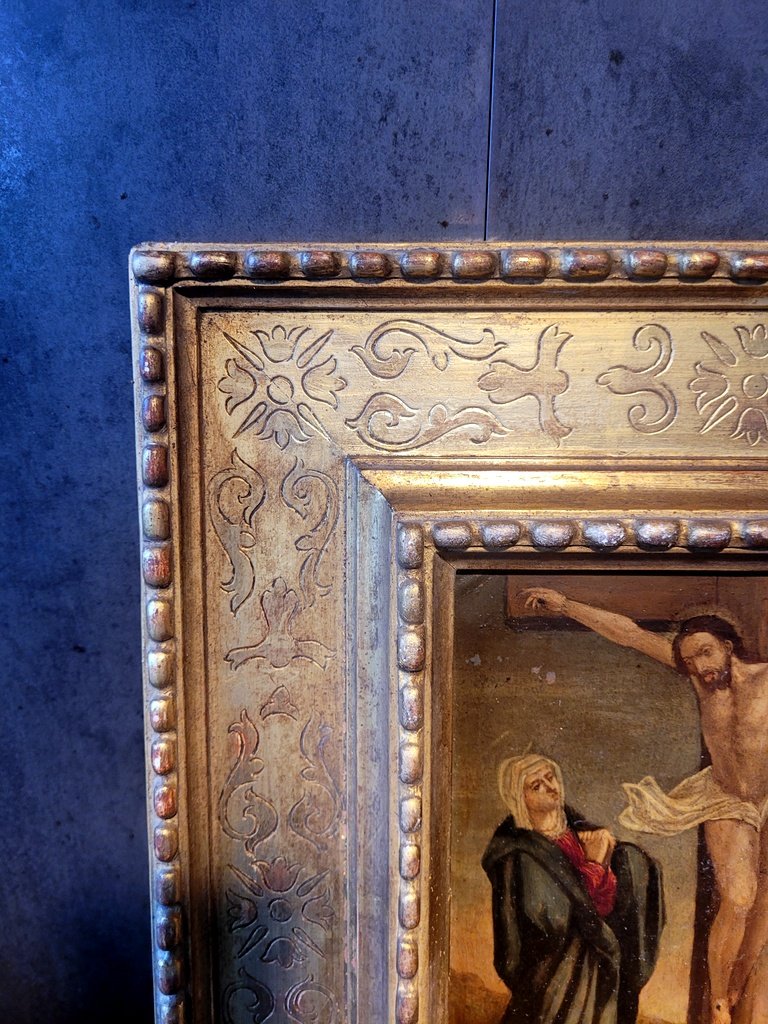 " La Crucifixion du Christ " Huile sur Cuivre encadrée datant du XVIIe Siècle -photo-1