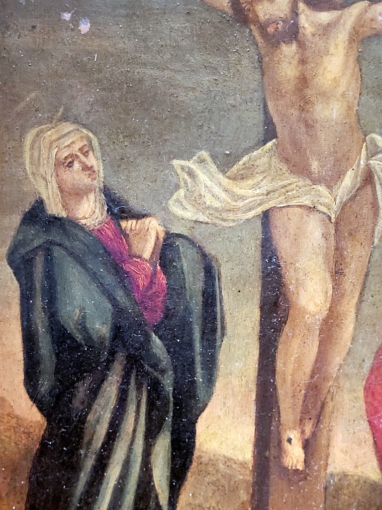 " La Crucifixion du Christ " Huile sur Cuivre encadrée datant du XVIIe Siècle -photo-2
