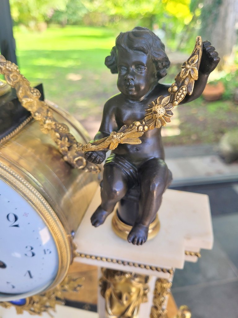 Portico Clock In Bronze And White Carrara Marble - Louis XVI Period -photo-3
