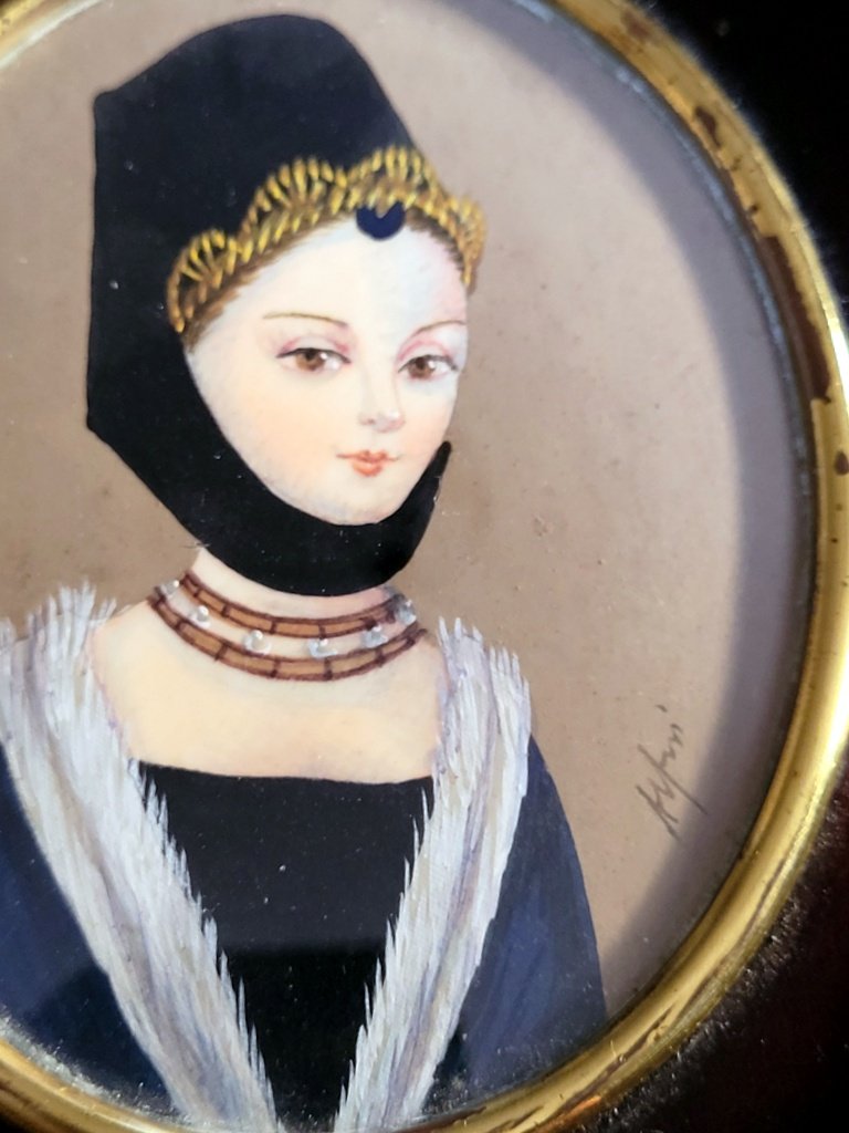 Grande Miniature peinte " Dame  au Hennin - Renaissance" signée Arpin ? Epoque XIXe Siècle-photo-2