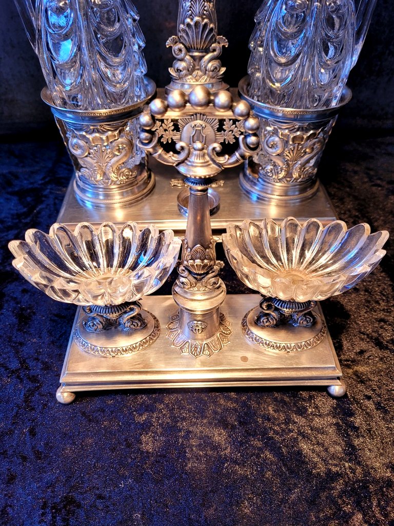 Huilier Vinaigrier &amp; Double Salerons en Argent Massif - Poin&ccedil;on Vieillard - D&eacute;but XIXe Si&egrave;cle-photo-2