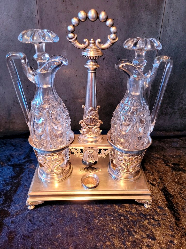 Huilier Vinaigrier &amp; Double Salerons en Argent Massif - Poin&ccedil;on Vieillard - D&eacute;but XIXe Si&egrave;cle-photo-3