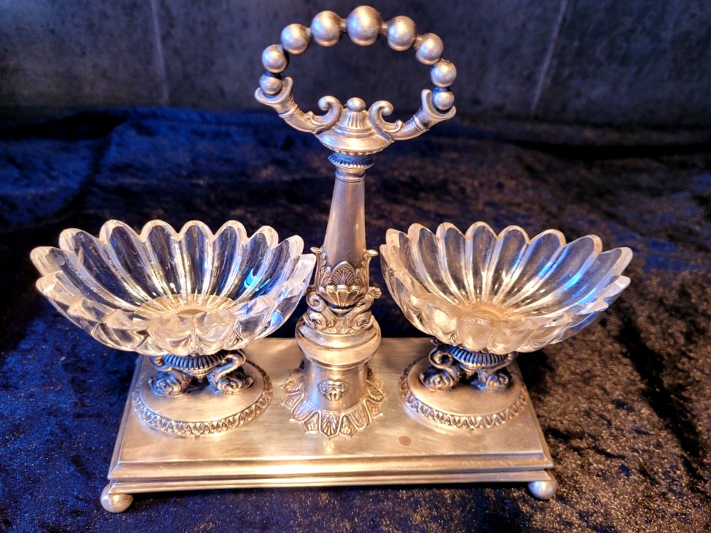 Huilier Vinaigrier &amp; Double Salerons en Argent Massif - Poin&ccedil;on Vieillard - D&eacute;but XIXe Si&egrave;cle-photo-4