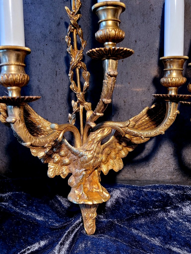 Paire d'Appliques à 3 Flammes " Aigle " Empire en Bronze  -photo-2