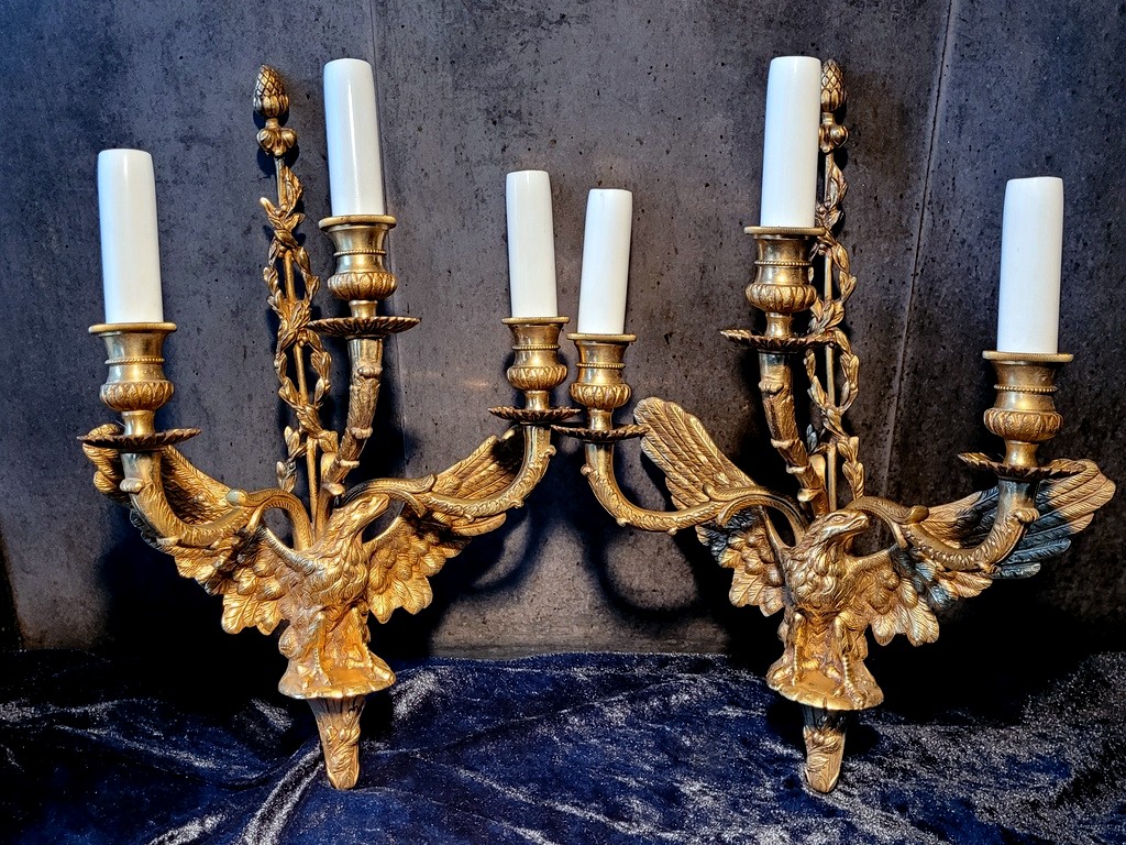 Paire d'Appliques à 3 Flammes " Aigle " Empire en Bronze  