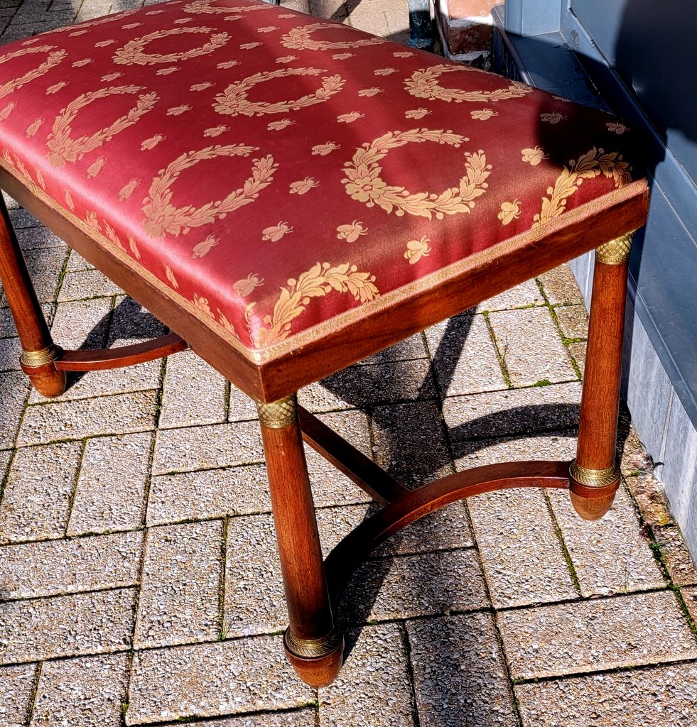 Empire Period Bench In Red Fabric With Laurel And Bee Decorations In Bronze - 19th Century-photo-4