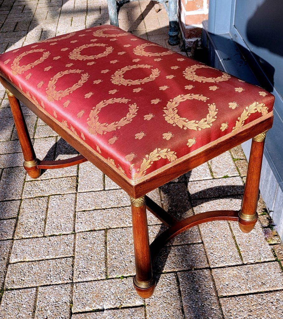 Empire Period Bench In Red Fabric With Laurel And Bee Decorations In Bronze - 19th Century-photo-1