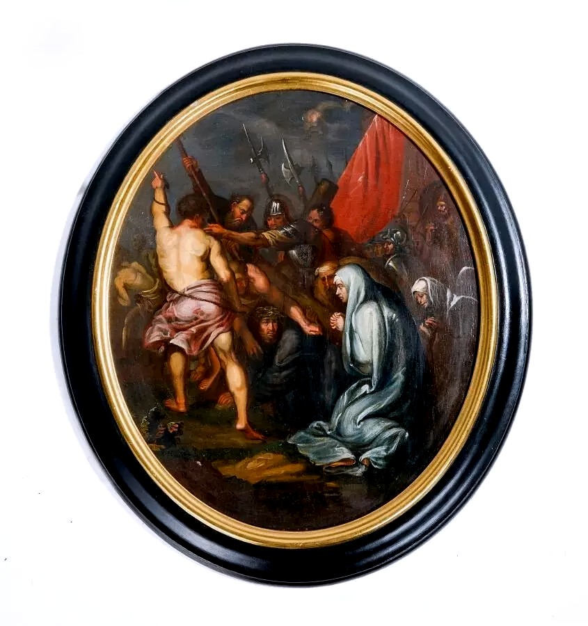 "jesus Falling Under The Weight Of The Cross" Oil On Mahogany - 18th-19th Century School
