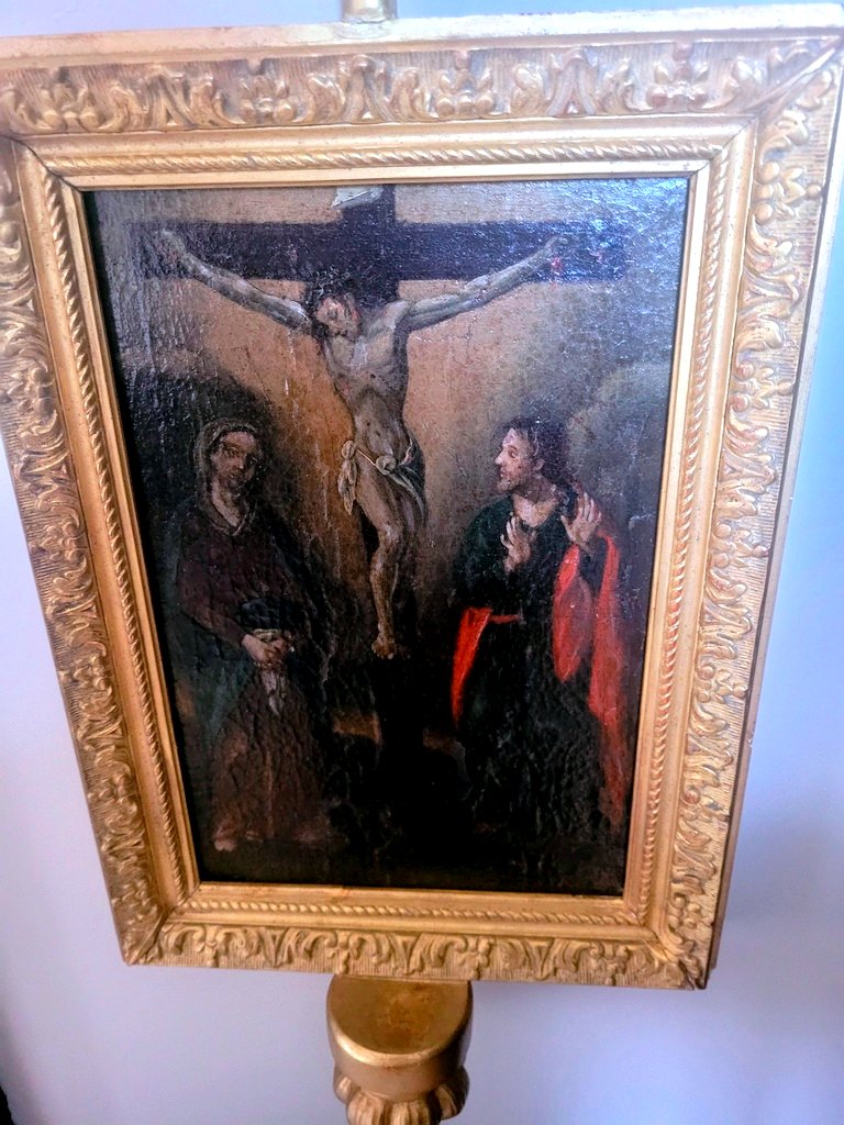  "christ On The Cross" Oil On Canvas Mounted On Panel - 17th Century -photo-2