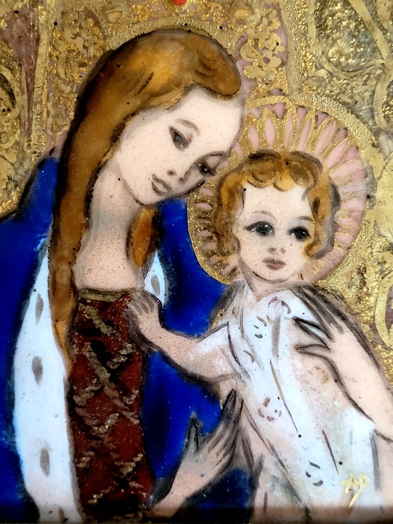 "virgin And Child" Enamel On Copper Signed Ad - Early 20th Century