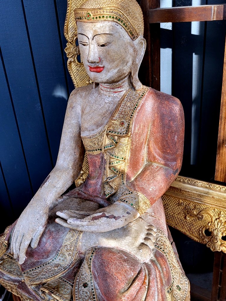 Large Polychrome Carved Wooden Buddha With Glass Bead Inlays - 19th Century -photo-4