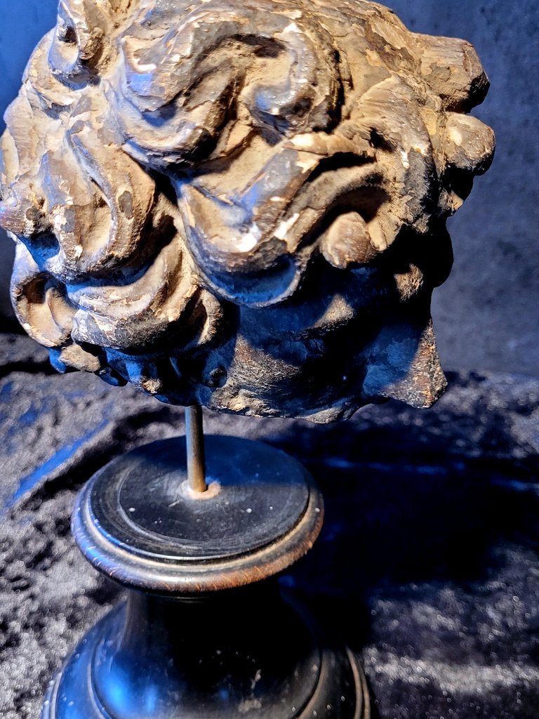 Fragment de Sculpture - Visage en bois sur socle - XVIIe - XVIIIe Siècle-photo-2