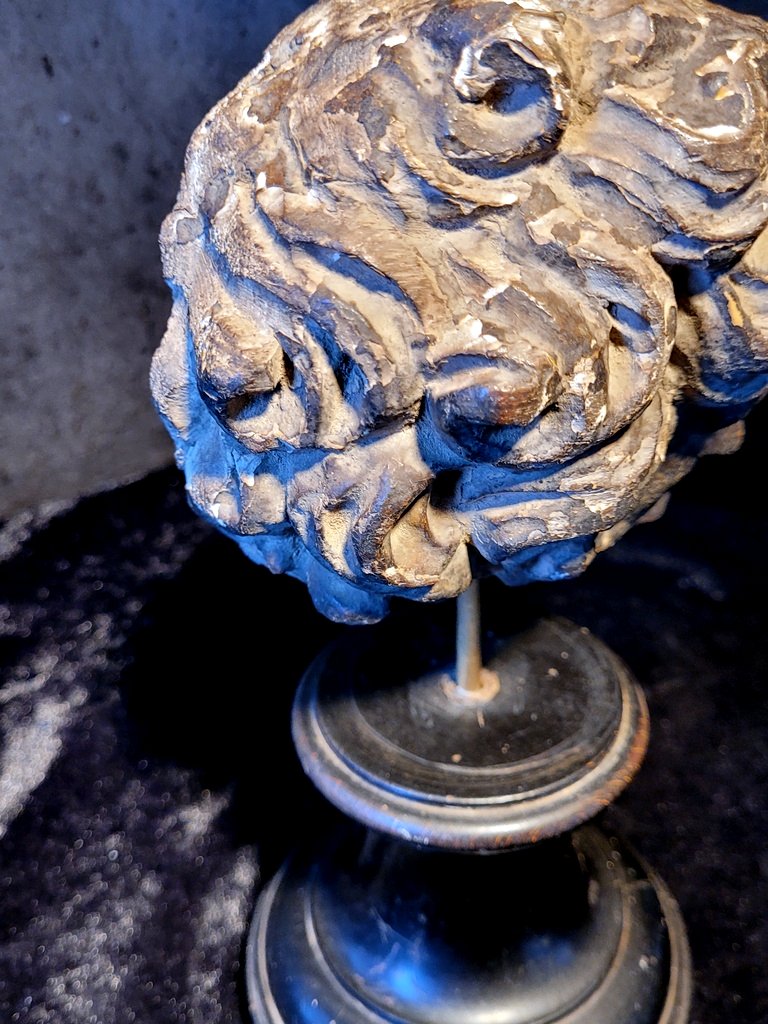 Fragment de Sculpture - Visage en bois sur socle - XVIIe - XVIIIe Siècle-photo-3