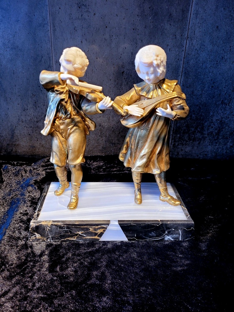 Agathon Léonard "the Musicians" Chryselephantine Sculpture With A Gilt Patina, Signed. 19th Century