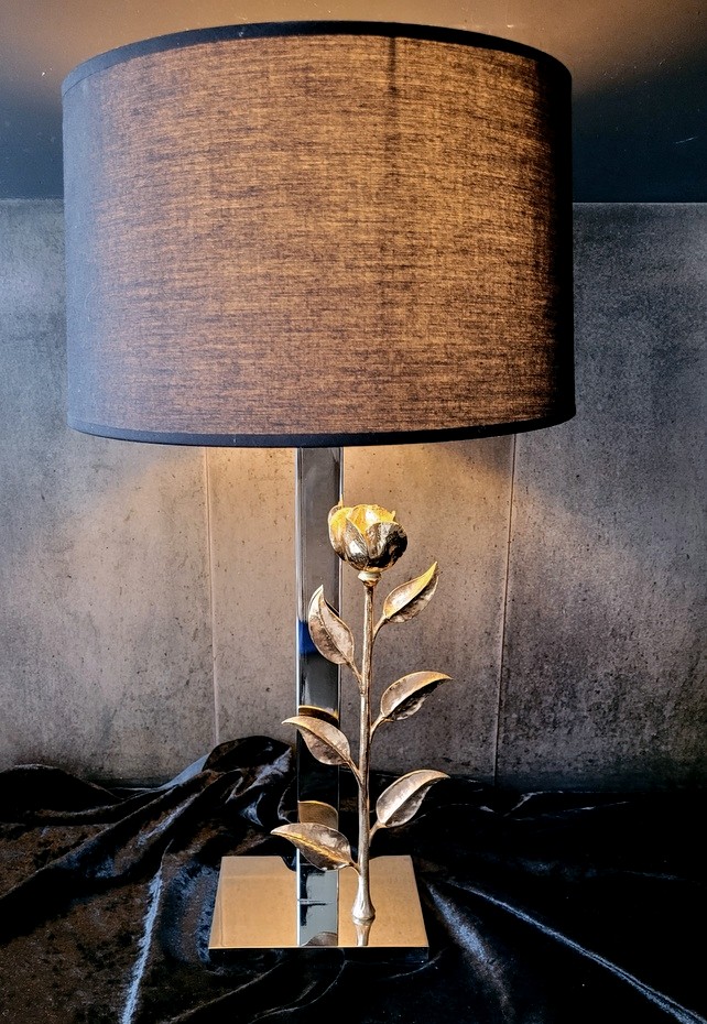 Lamp With Chrome Base And Bronze Rose By Dlg Maison Charles - 1970s