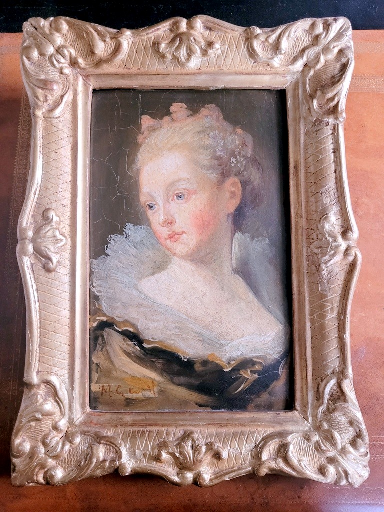  MARGUERITE GÉRARD ( 1761- 1837 ) "Portrait de Dame "Huile sur Panneau d'Acajou XVIIIe signée  