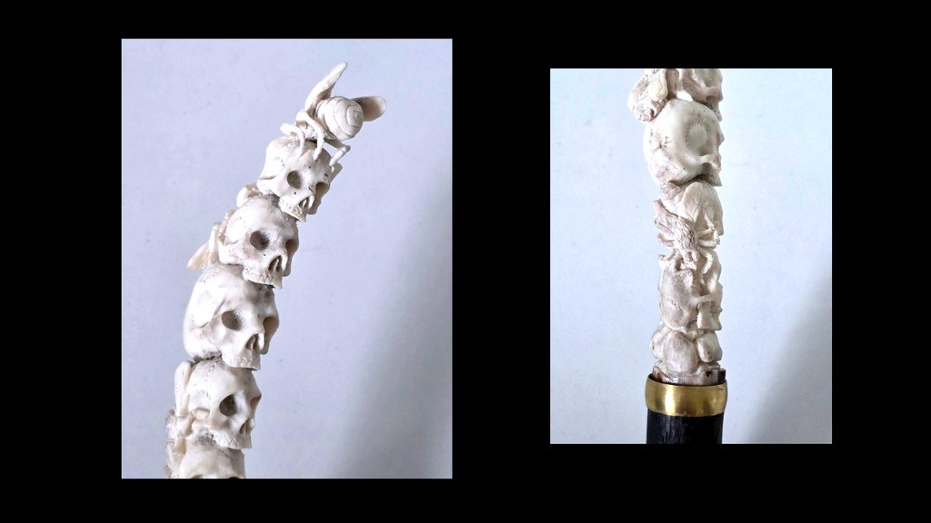 Canne avec une Poignée Memento Mori en Andouiller Sculpté  ( Bois de Cerf ) -photo-3