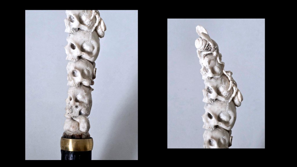 Canne avec une Poignée Memento Mori en Andouiller Sculpté  ( Bois de Cerf ) -photo-4