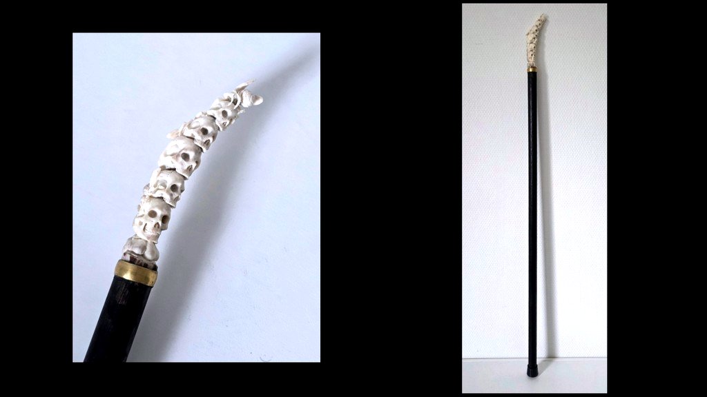 Canne avec une Poignée Memento Mori en Andouiller Sculpté  ( Bois de Cerf ) -photo-5