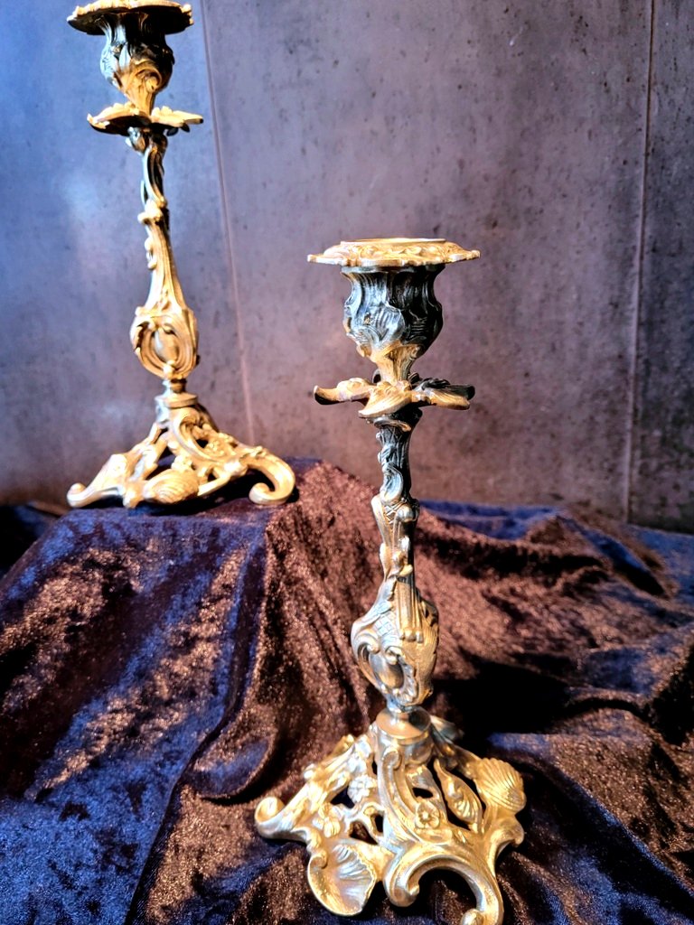 Pair Of Louis XV Rococo Candlesticks In Gilt Bronze - 19th Century-photo-2