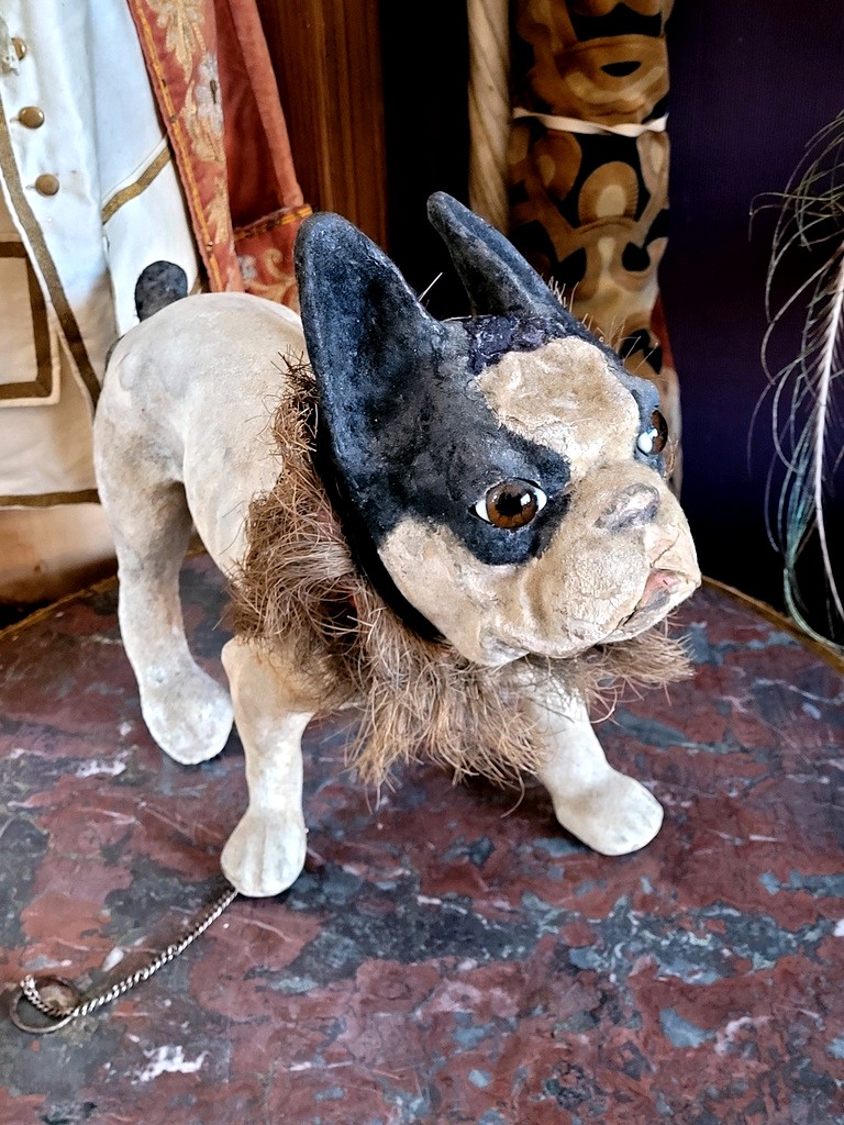  Barking Bulldog On Wheels, Made Of Papier-mâché. Parlor Toy, Late 19th/early 20th Century