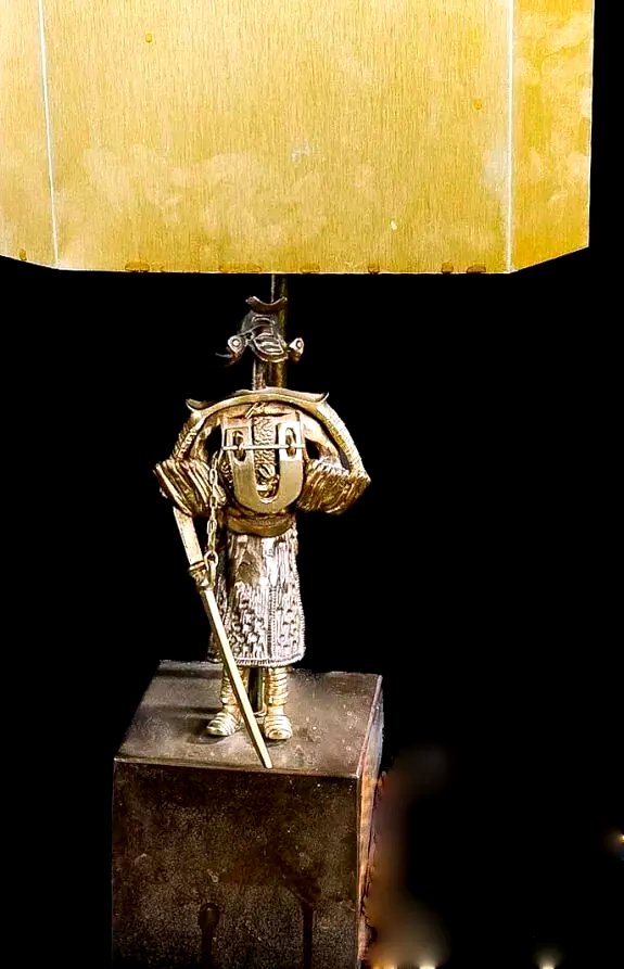  Bronze "samurai" Lamp - Sheet Metal Shade First Half Of The 20th Century-photo-2