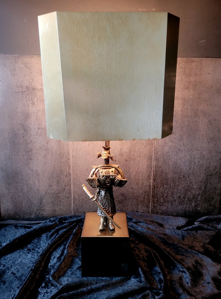  Bronze "samurai" Lamp - Sheet Metal Shade First Half Of The 20th Century-photo-4