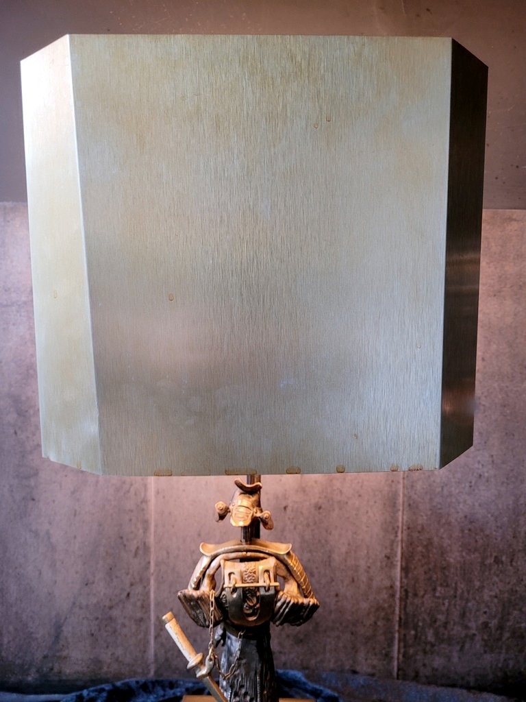  Bronze "samurai" Lamp - Sheet Metal Shade First Half Of The 20th Century-photo-1