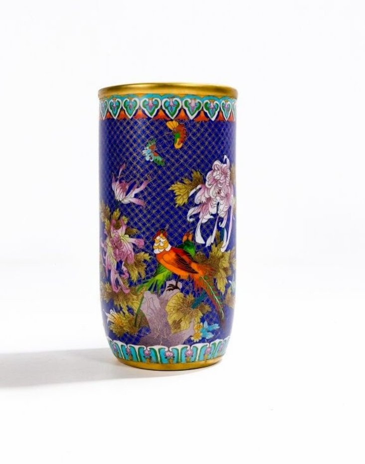 Large Cloisonné Bronze Vase With Floral Decorations With Butterflies And Pheasants - 20th Century China-photo-2