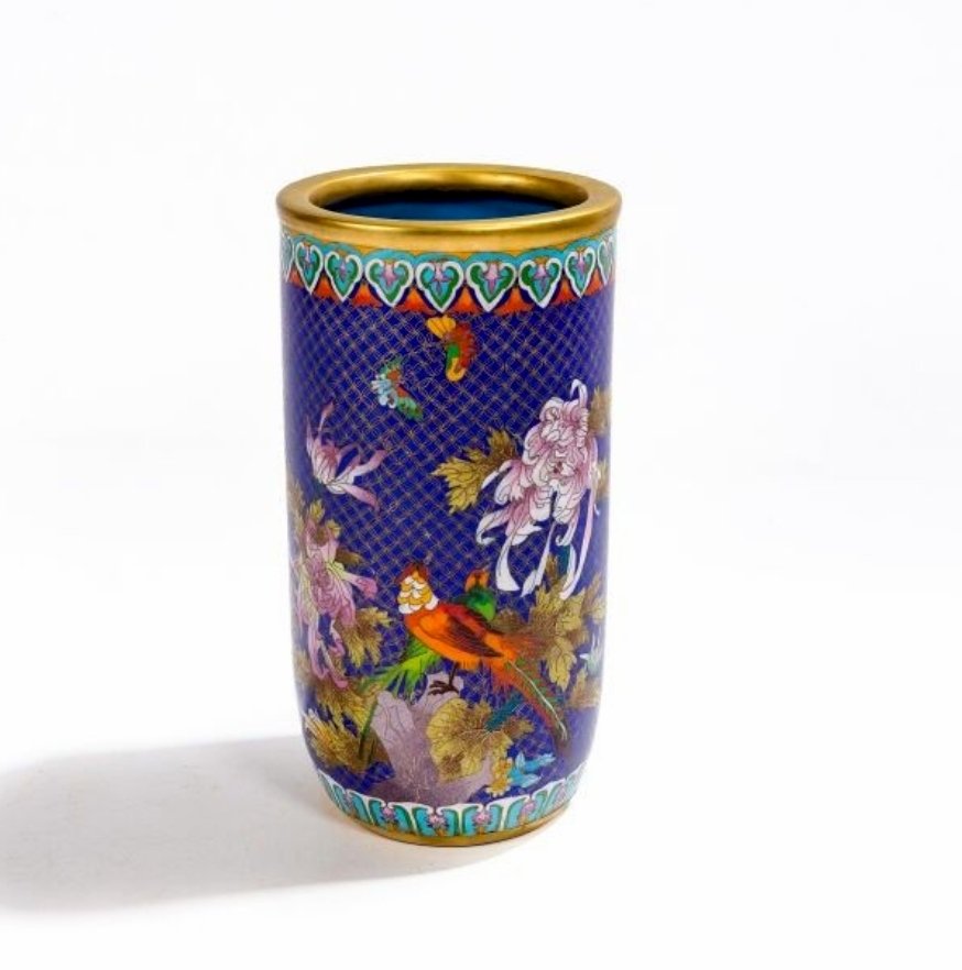 Large Cloisonné Bronze Vase With Floral Decorations With Butterflies And Pheasants - 20th Century China-photo-3