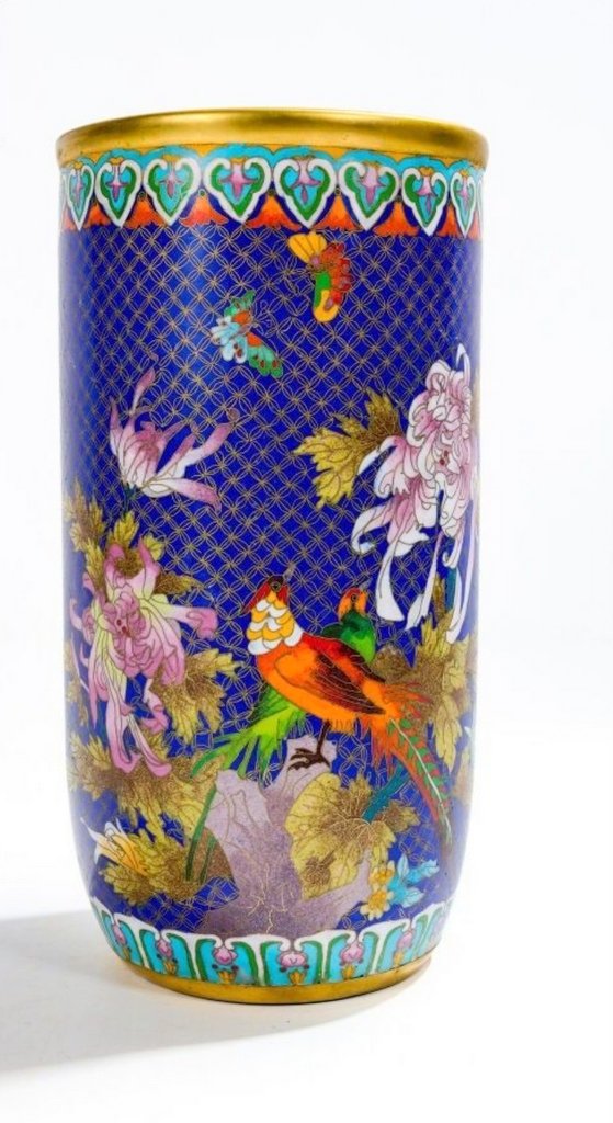 Large Cloisonné Bronze Vase With Floral Decorations With Butterflies And Pheasants - 20th Century China-photo-4