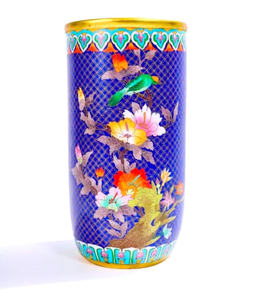 Large Cloisonné Bronze Vase With Floral Decorations With Butterflies And Pheasants - 20th Century China-photo-1