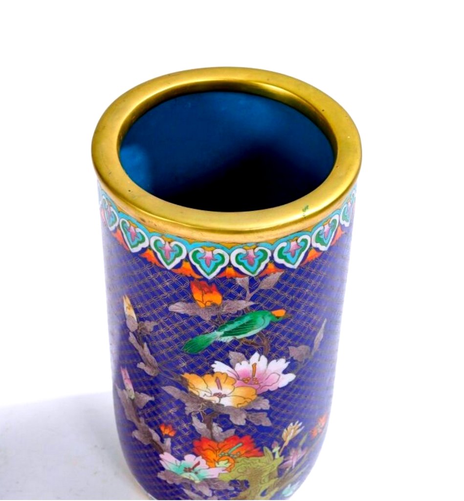 Large Cloisonné Bronze Vase With Floral Decorations With Butterflies And Pheasants - 20th Century China-photo-2