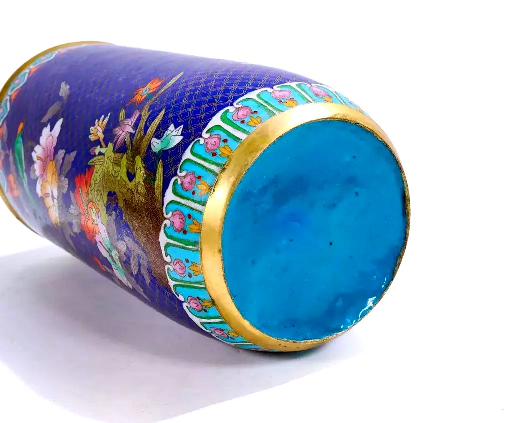 Large Cloisonné Bronze Vase With Floral Decorations With Butterflies And Pheasants - 20th Century China-photo-3