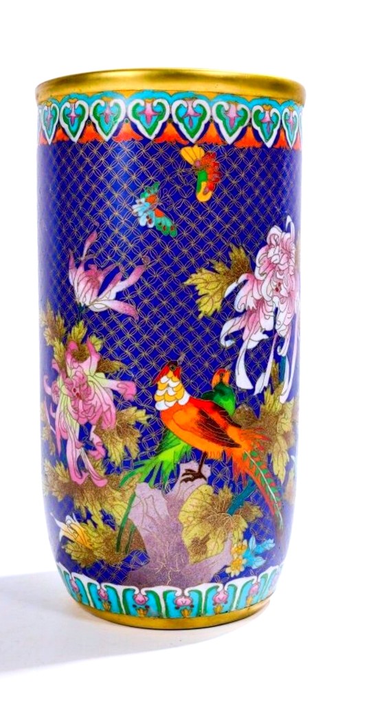 Large Cloisonné Bronze Vase With Floral Decorations With Butterflies And Pheasants - 20th Century China