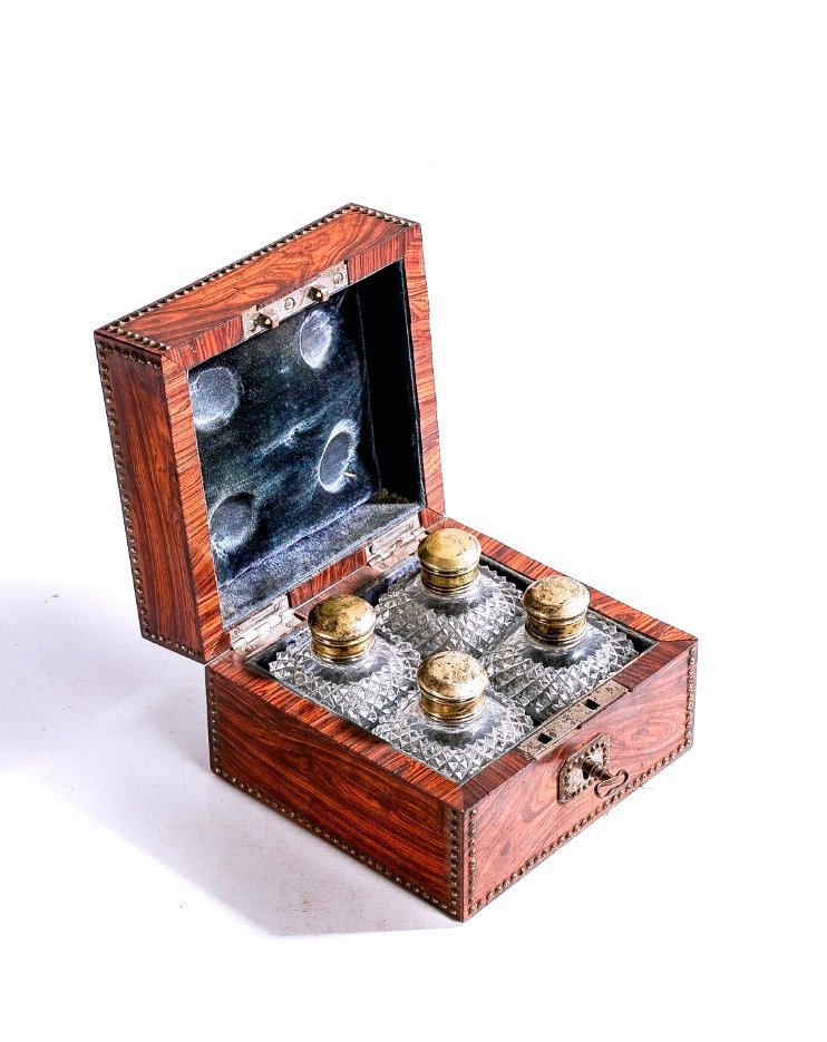 Coffret à Senteurs en Marqueterie de Palissandre avec 4 Flacons en Cristal Taillé - XIXe Siècle-photo-2