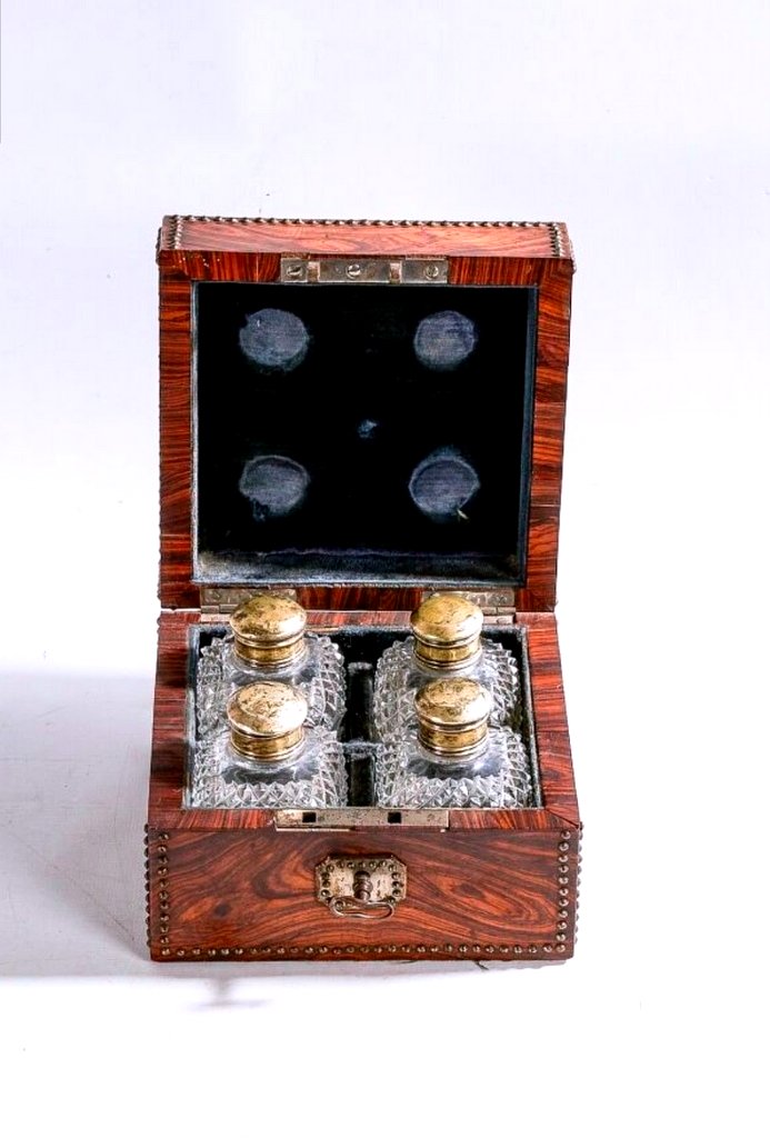 Coffret à Senteurs en Marqueterie de Palissandre avec 4 Flacons en Cristal Taillé - XIXe Siècle-photo-3