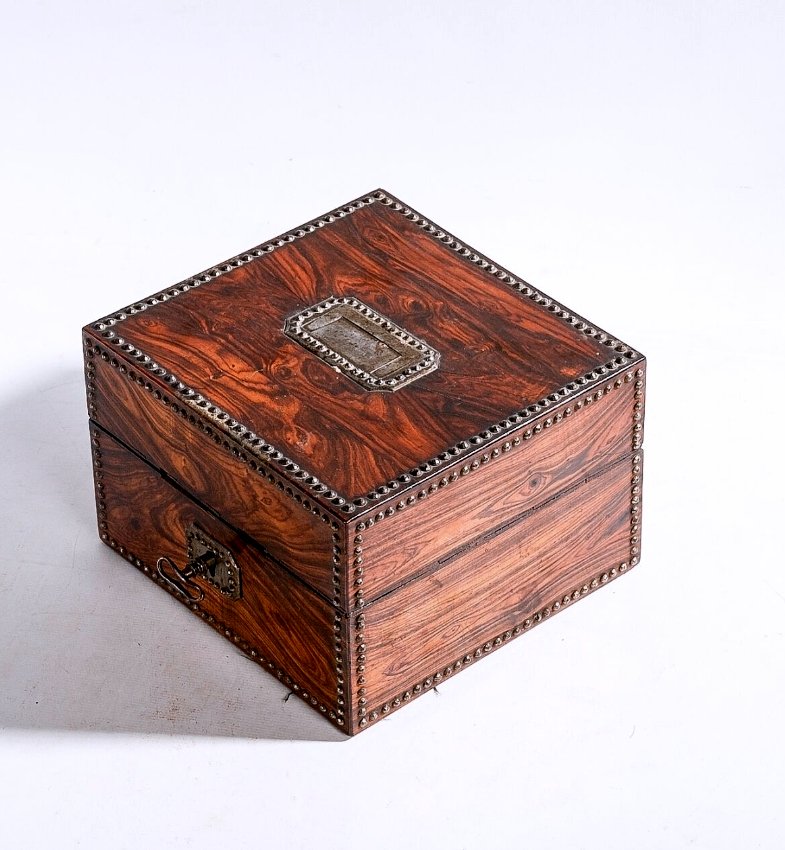 Coffret à Senteurs en Marqueterie de Palissandre avec 4 Flacons en Cristal Taillé - XIXe Siècle-photo-1