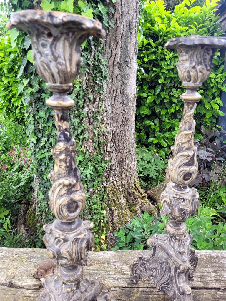 Pair Of Louis XIV Pique-cierges In Patinated Wood With Triangular Base - 17th - 18th Century-photo-2