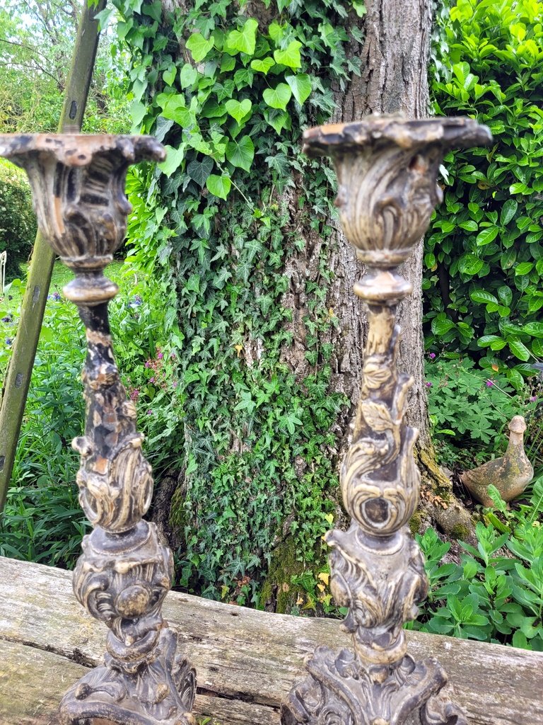 Pair Of Louis XIV Pique-cierges In Patinated Wood With Triangular Base - 17th - 18th Century-photo-4