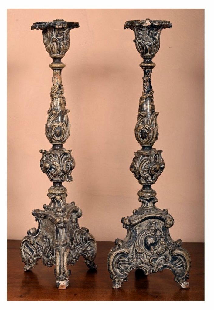 Pair Of Louis XIV Pique-cierges In Patinated Wood With Triangular Base - 17th - 18th Century-photo-5
