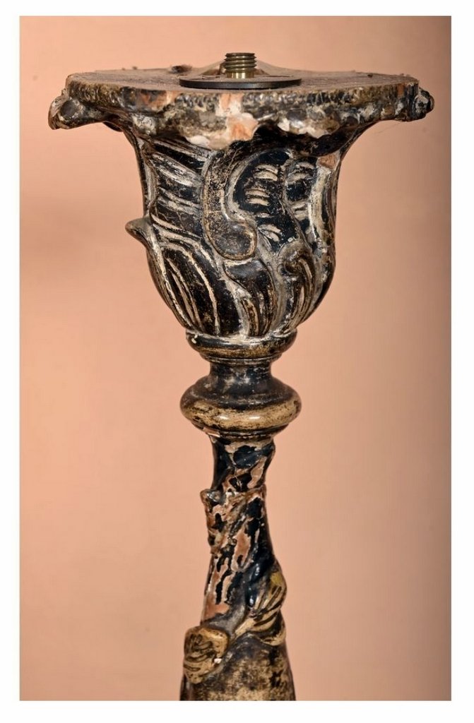 Pair Of Louis XIV Pique-cierges In Patinated Wood With Triangular Base - 17th - 18th Century-photo-6