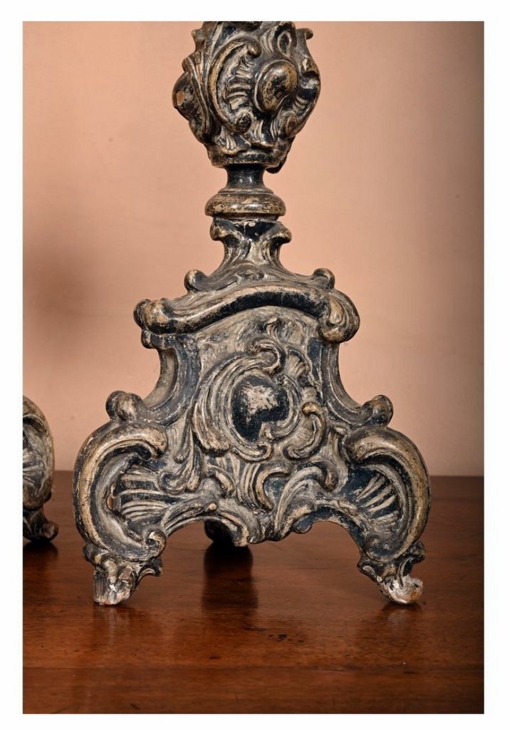 Pair Of Louis XIV Pique-cierges In Patinated Wood With Triangular Base - 17th - 18th Century-photo-7