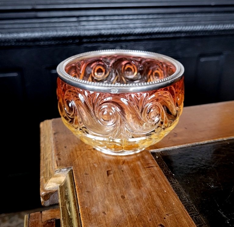 Baccarat Crystal Bowl, “rose Tiente” Collection, Solid Silver Rim—late 19th Century 