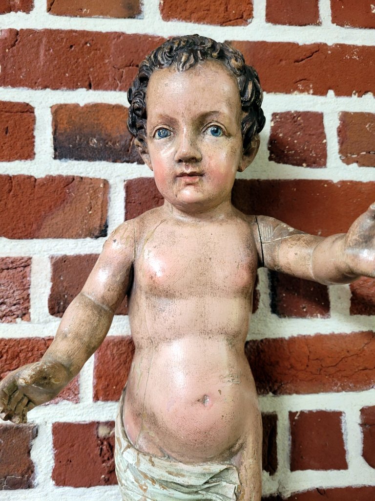 Grande Sculpture " Enfant Jésus " en Bois peint Polychrome - 51 cm -  XVIIIe Siècle-photo-2